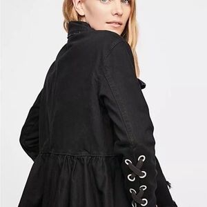 Free People Willow Black Denim Jacket Peplum Raw Hem Lace Up Cuff Military Sz S